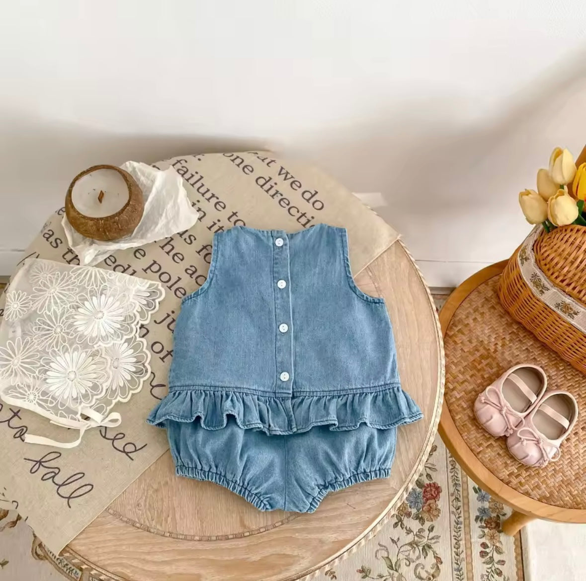 Baby Girl Denim Set – Embroidered Top & Bloomer Shorts