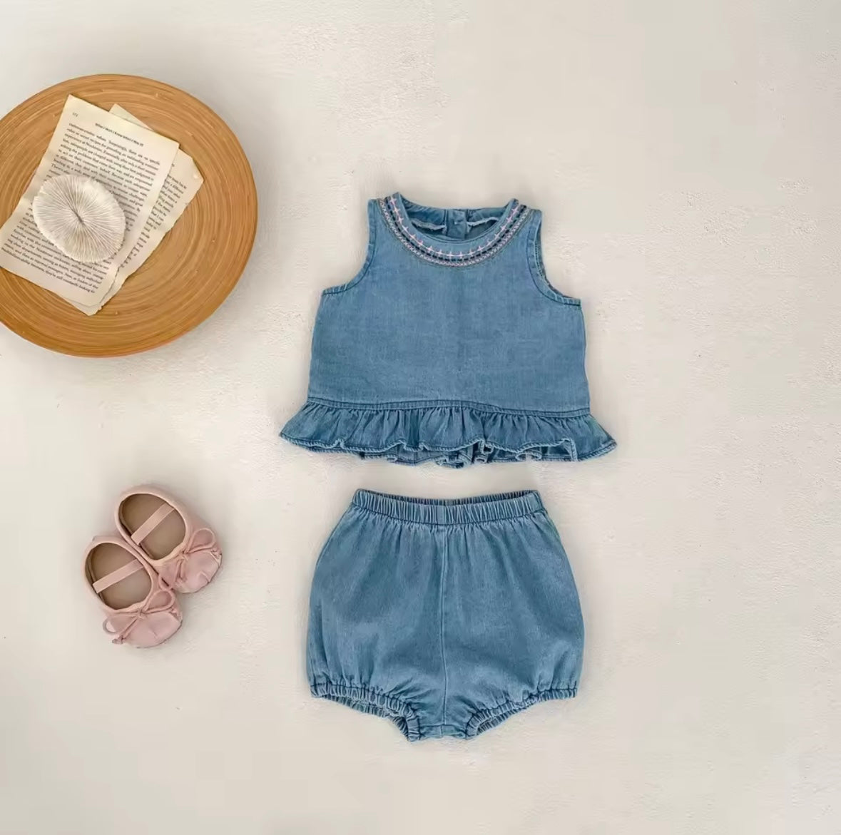 Baby Girl Denim Set – Embroidered Top & Bloomer Shorts