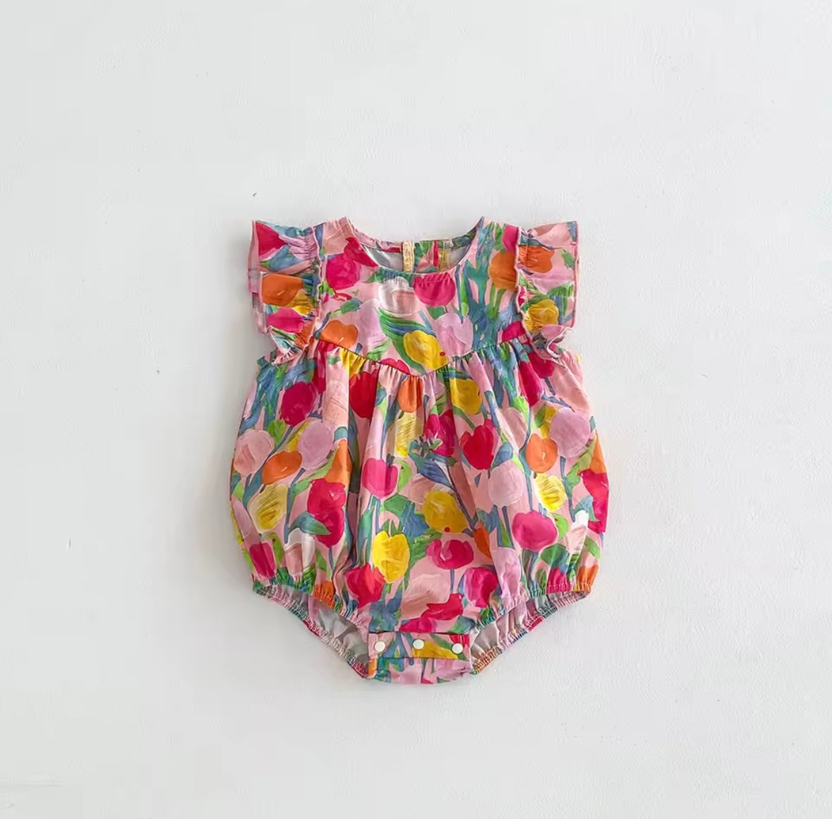 Tulip Print Ruffle Sleeve Baby Girl Bodysuit – Summer One-Piece for Toddlers