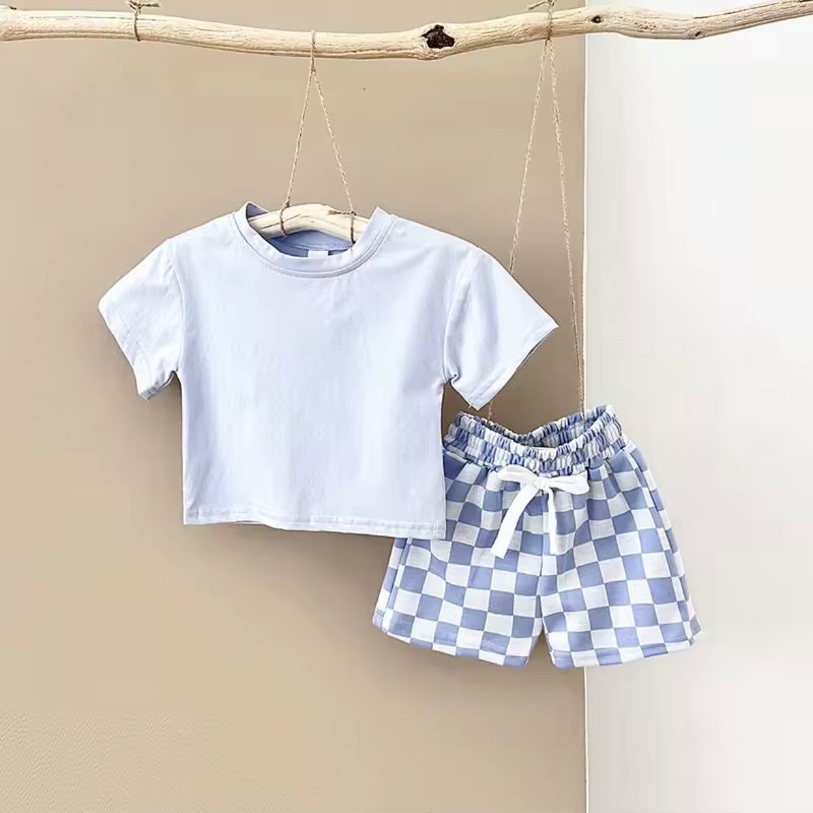 Baby Boy Summer Set – Solid T-shirt & Plaid Shorts