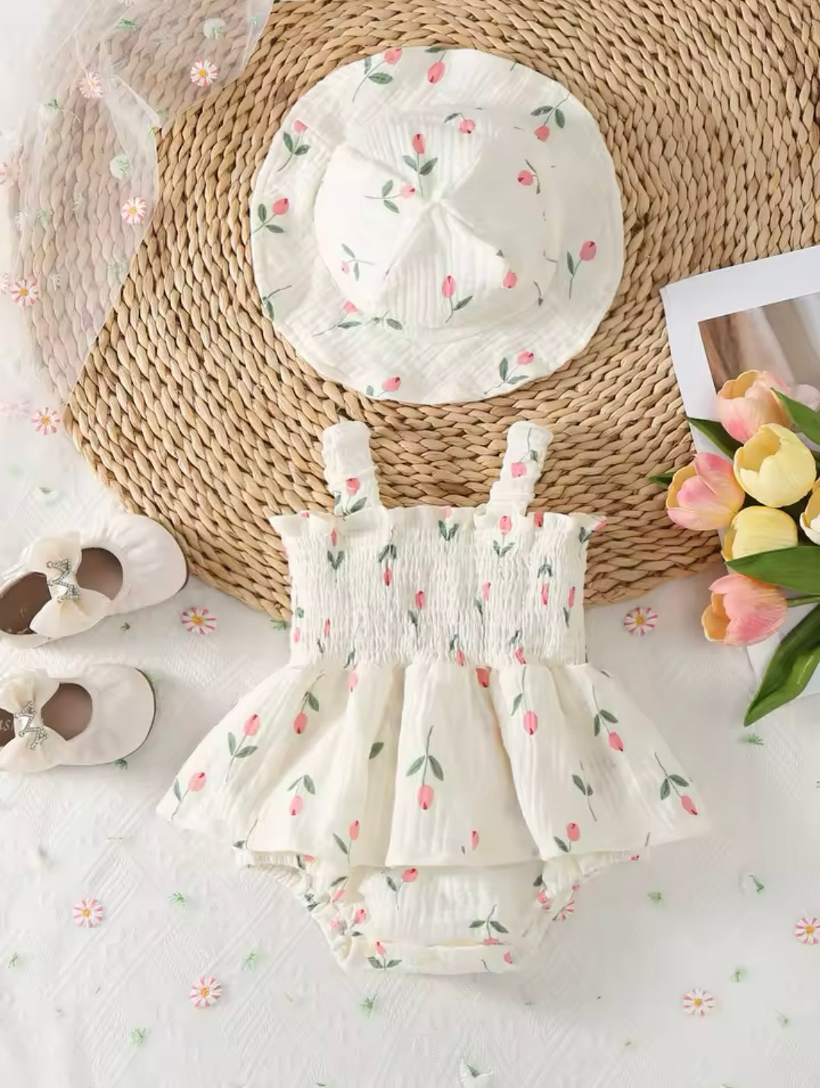 Tulip Summer Baby Girl Bodysuit with Matching Hat