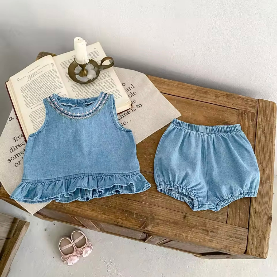 Baby Girl Denim Set – Embroidered Top & Bloomer Shorts