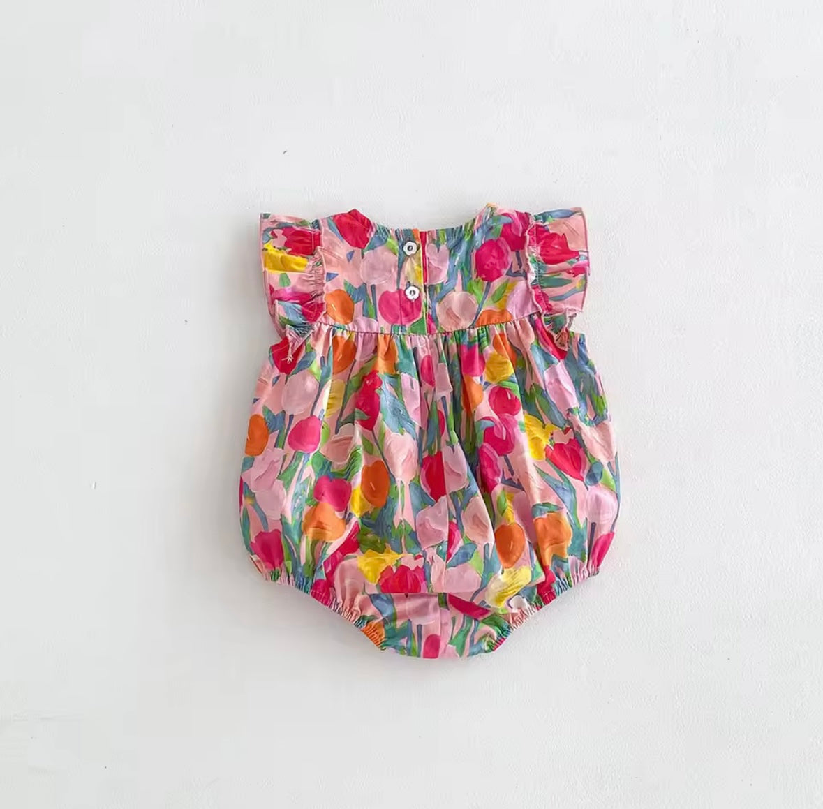 Tulip Print Ruffle Sleeve Baby Girl Bodysuit – Summer One-Piece for Toddlers