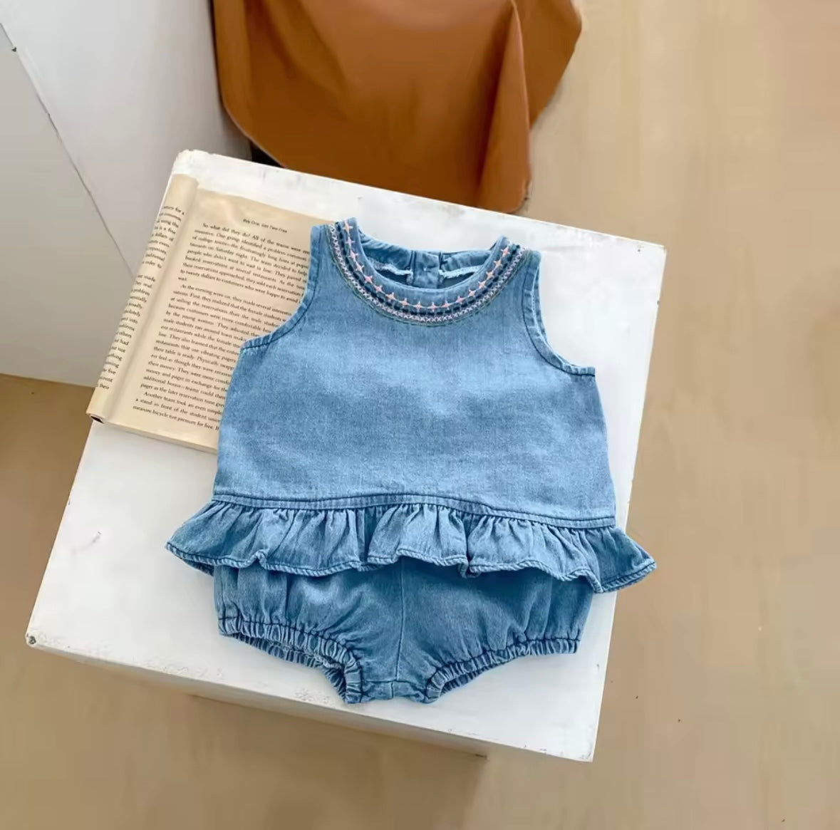 Baby Girl Denim Set – Embroidered Top & Bloomer Shorts