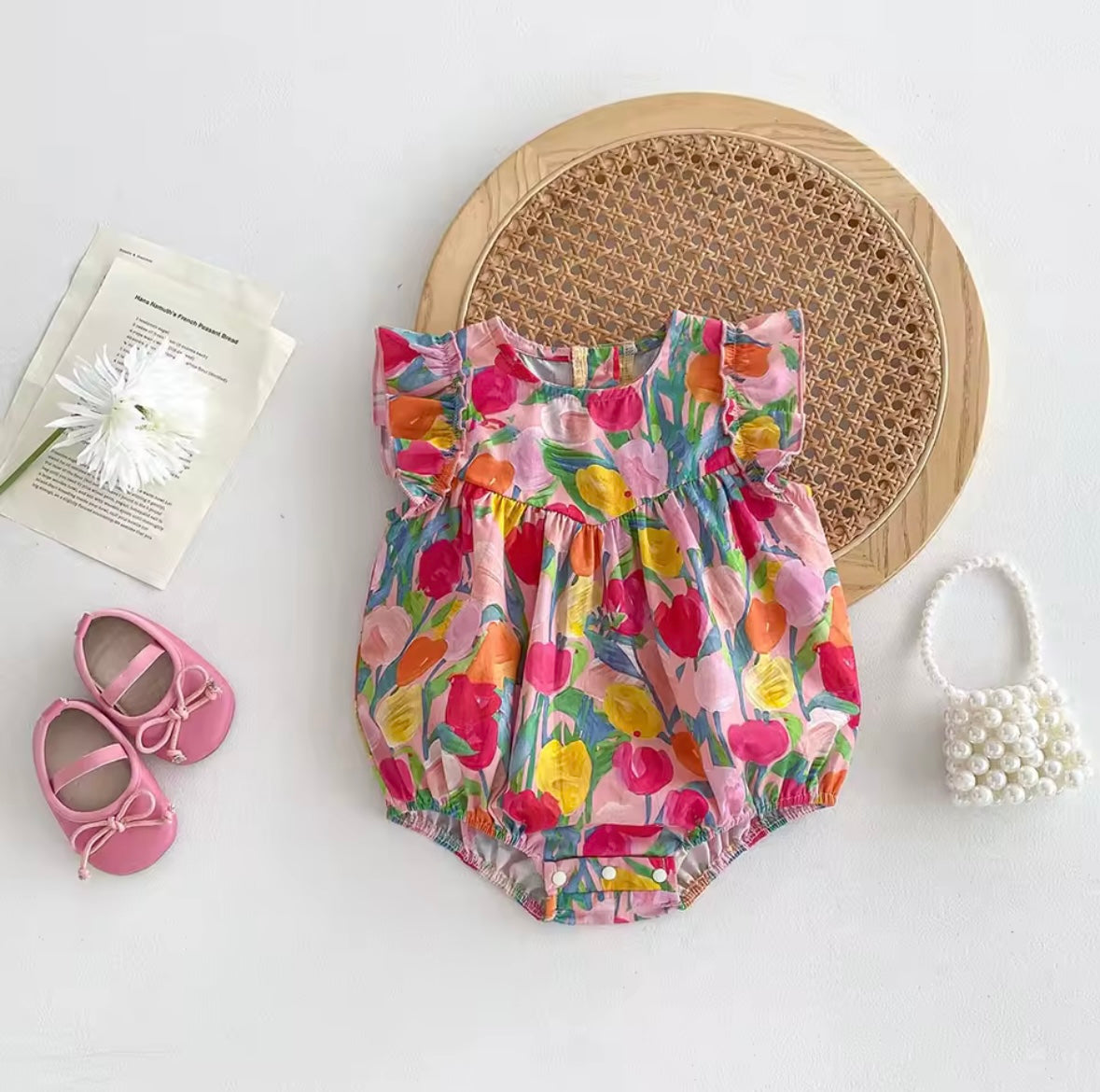 Tulip Print Ruffle Sleeve Baby Girl Bodysuit – Summer One-Piece for Toddlers