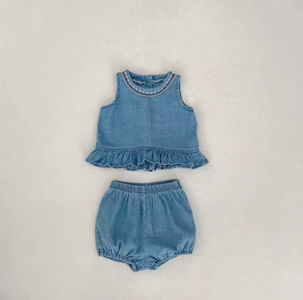 Baby Girl Denim Set – Embroidered Top & Bloomer Shorts