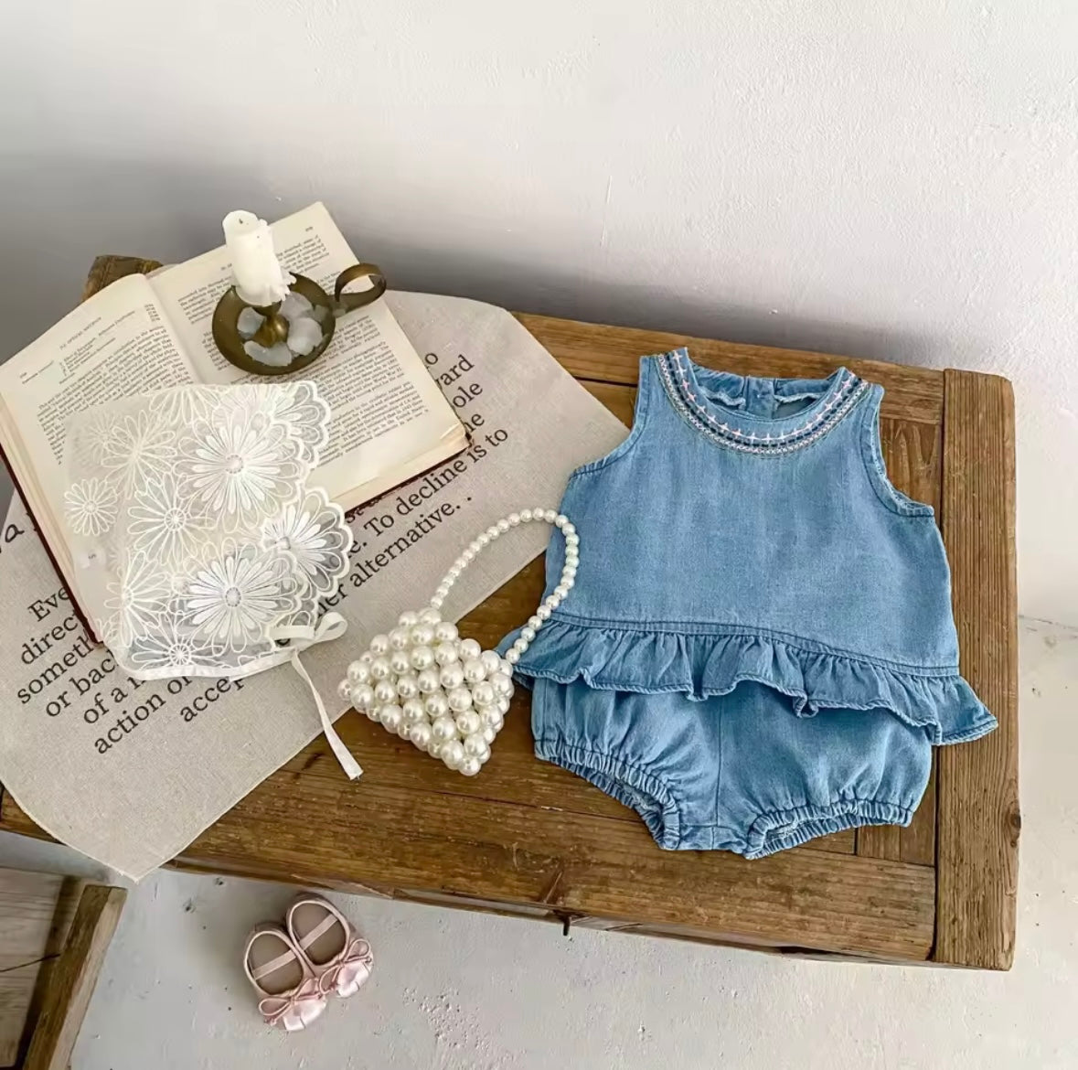 Baby Girl Denim Set – Embroidered Top & Bloomer Shorts